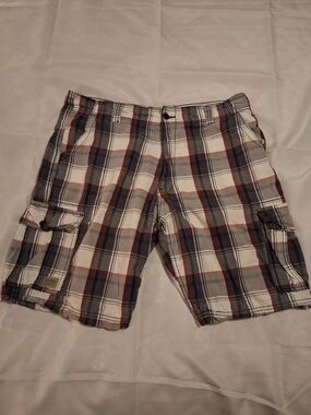 Levi Strauss Signature Cargo Shorts Mens 36 Plaid Flat Front Casual Summer EUC